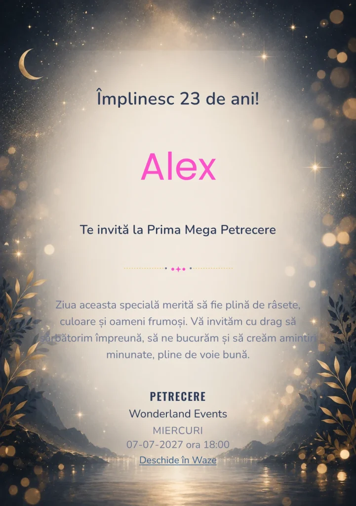 Midnight Gold, invitație de zi de naștere pentru adulți, cu noapte rafinat, stele discrete și lumini defocalizate auriu.