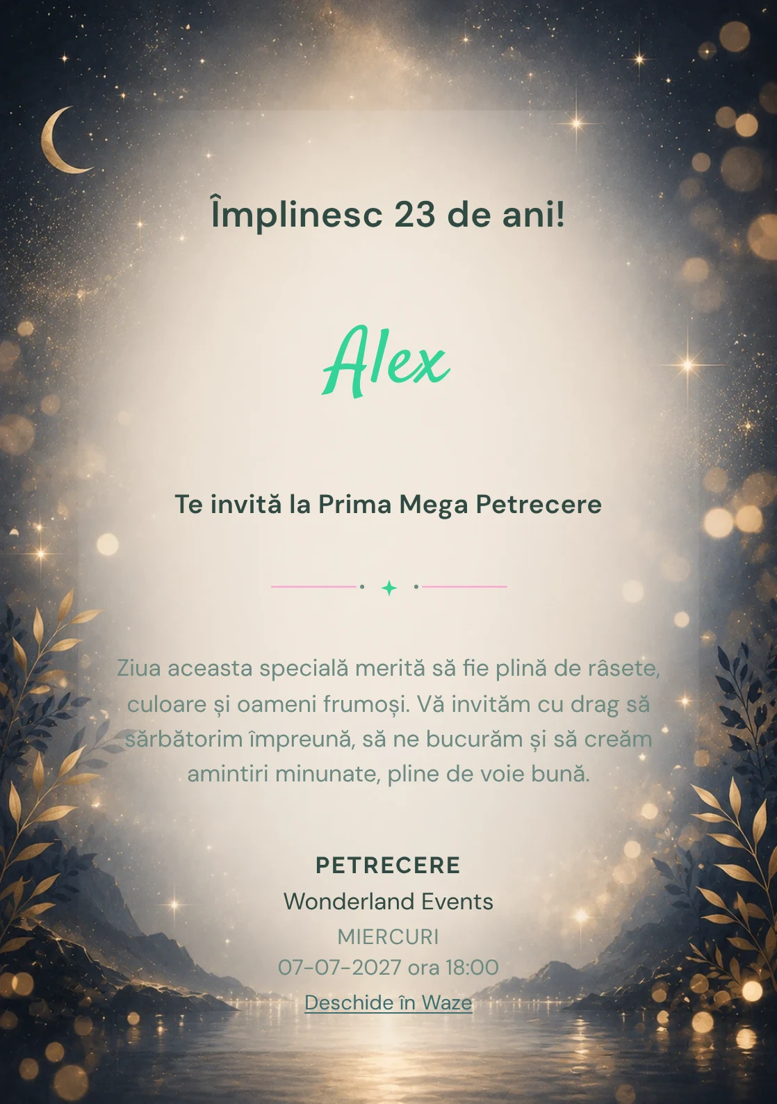 Invitație digitală aniversară Midnight Gold, fundal premium cu noapte premium, stele discrete și bokeh auriu