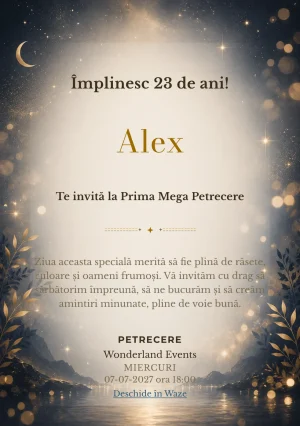 Invitație digitală aniversară Midnight Gold, fundal premium cu noapte premium, stele discrete și bokeh auriu