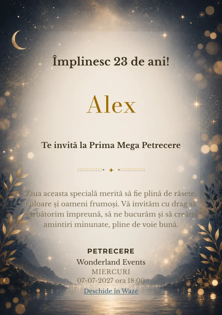 Midnight Gold, invitație de zi de naștere pentru adulți, cu noapte rafinat, stele discrete și lumini defocalizate auriu.