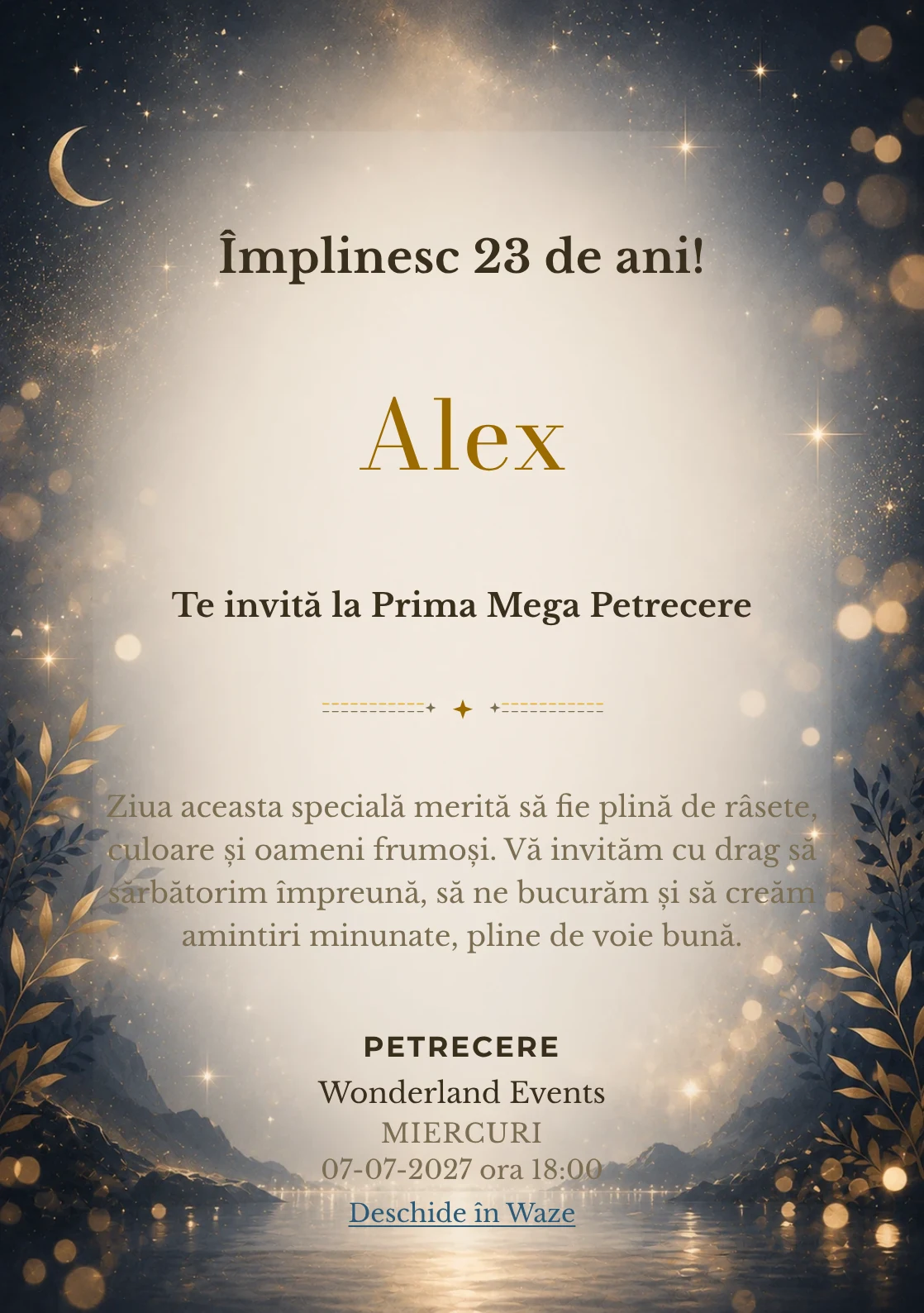 Invitație digitală aniversară Midnight Gold, fundal premium cu noapte premium, stele discrete și bokeh auriu