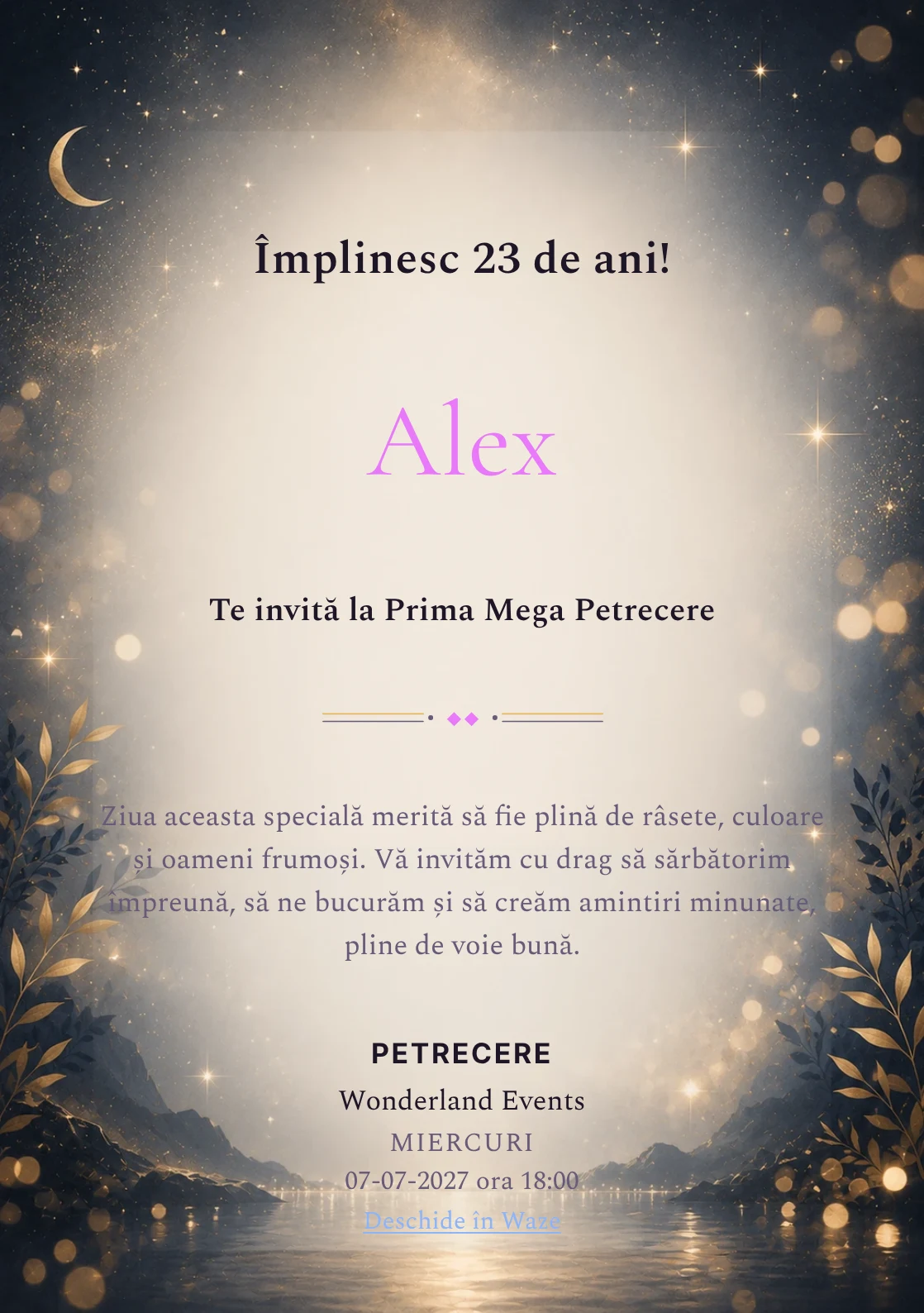 Invitație digitală aniversară Midnight Gold, fundal premium cu noapte premium, stele discrete și bokeh auriu