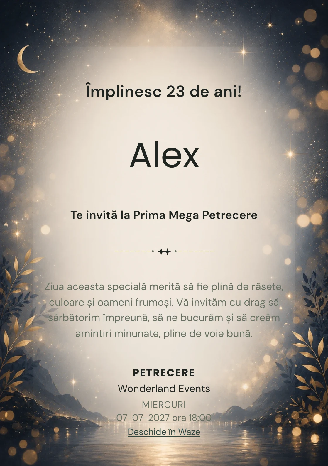 Invitație digitală aniversară Midnight Gold, fundal premium cu noapte premium, stele discrete și bokeh auriu