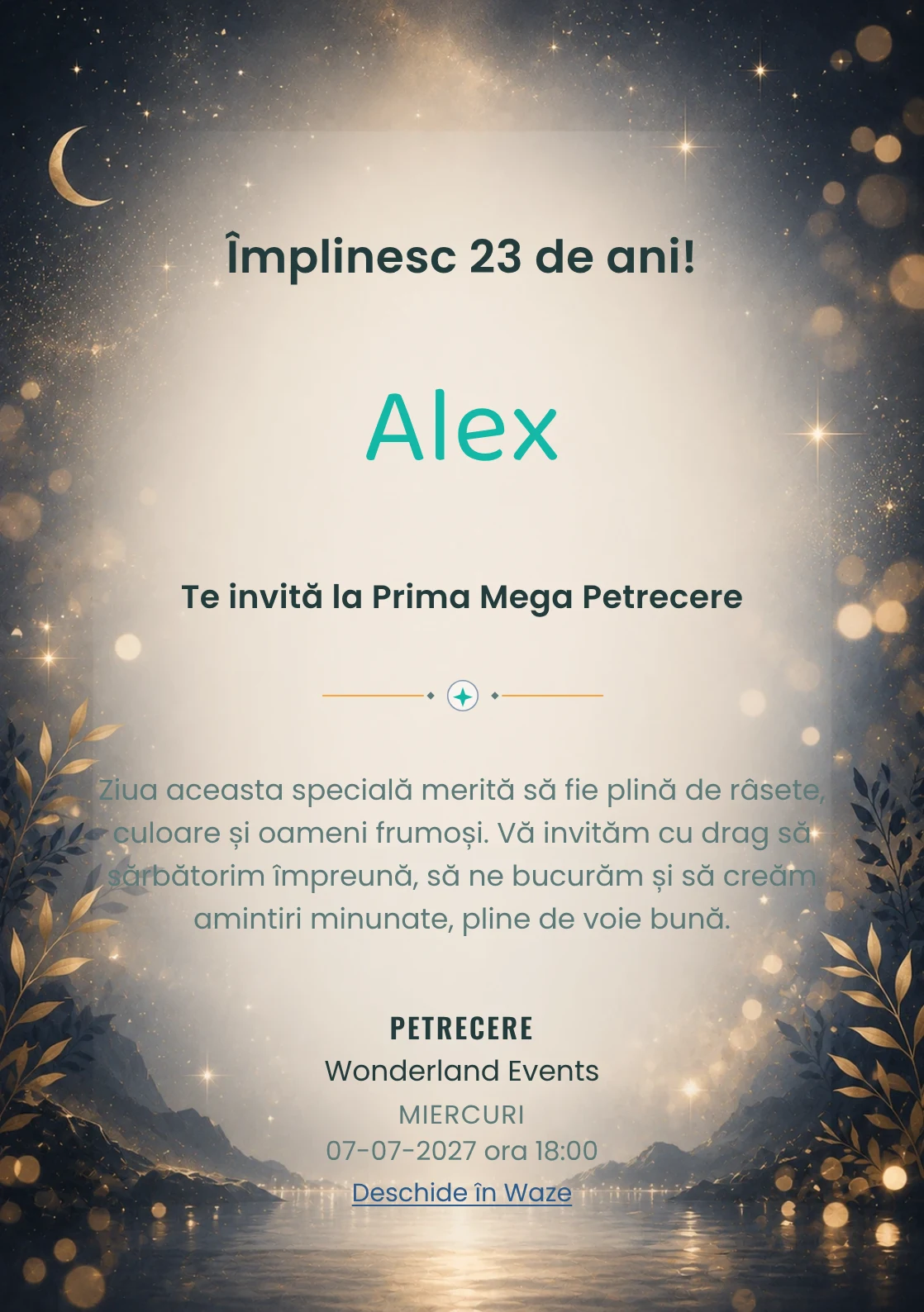 Invitație digitală aniversară Midnight Gold, fundal premium cu noapte premium, stele discrete și bokeh auriu