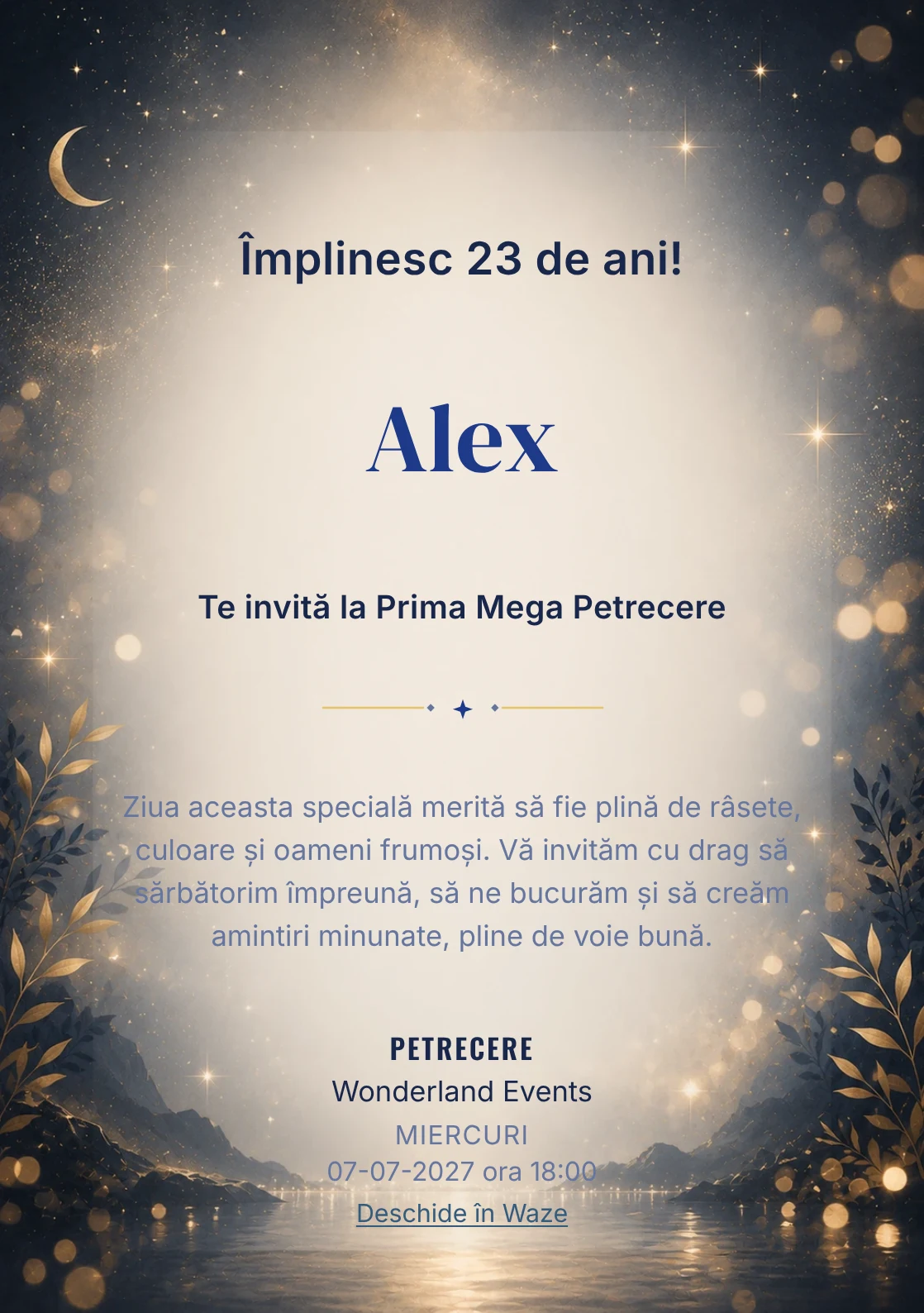 Invitație digitală aniversară Midnight Gold, fundal premium cu noapte premium, stele discrete și bokeh auriu