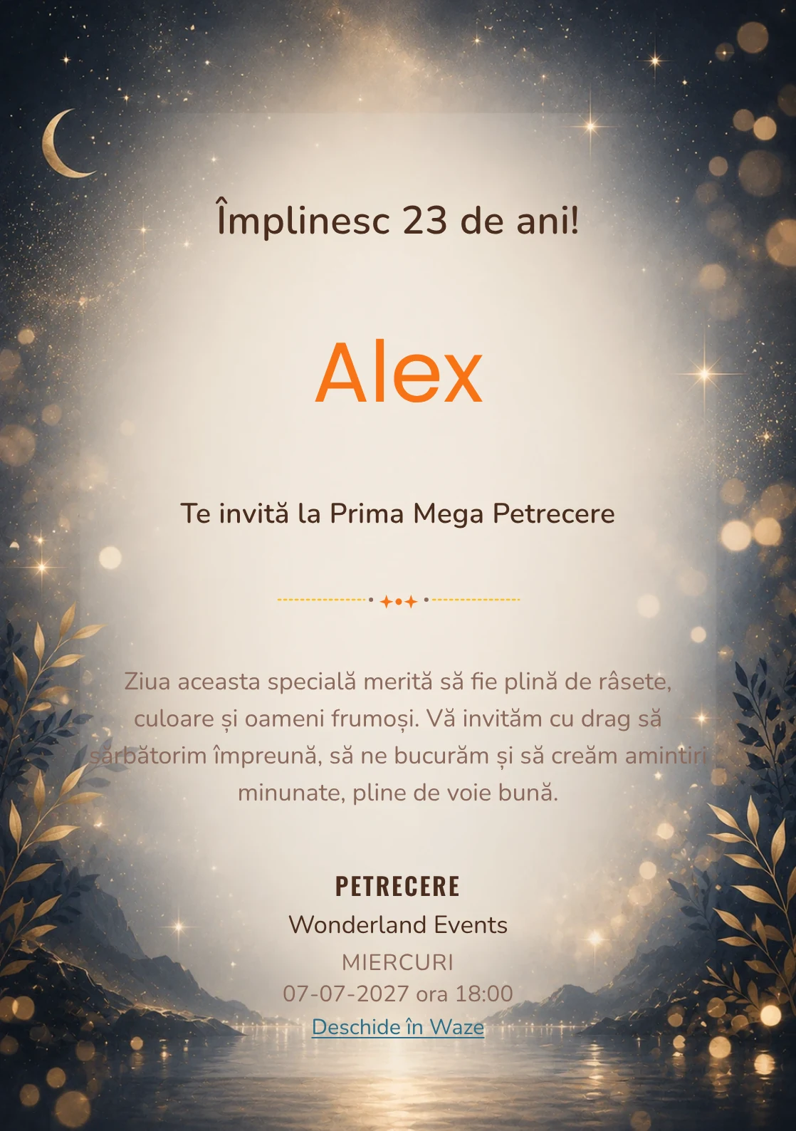 Invitație digitală aniversară Midnight Gold, fundal premium cu noapte premium, stele discrete și bokeh auriu