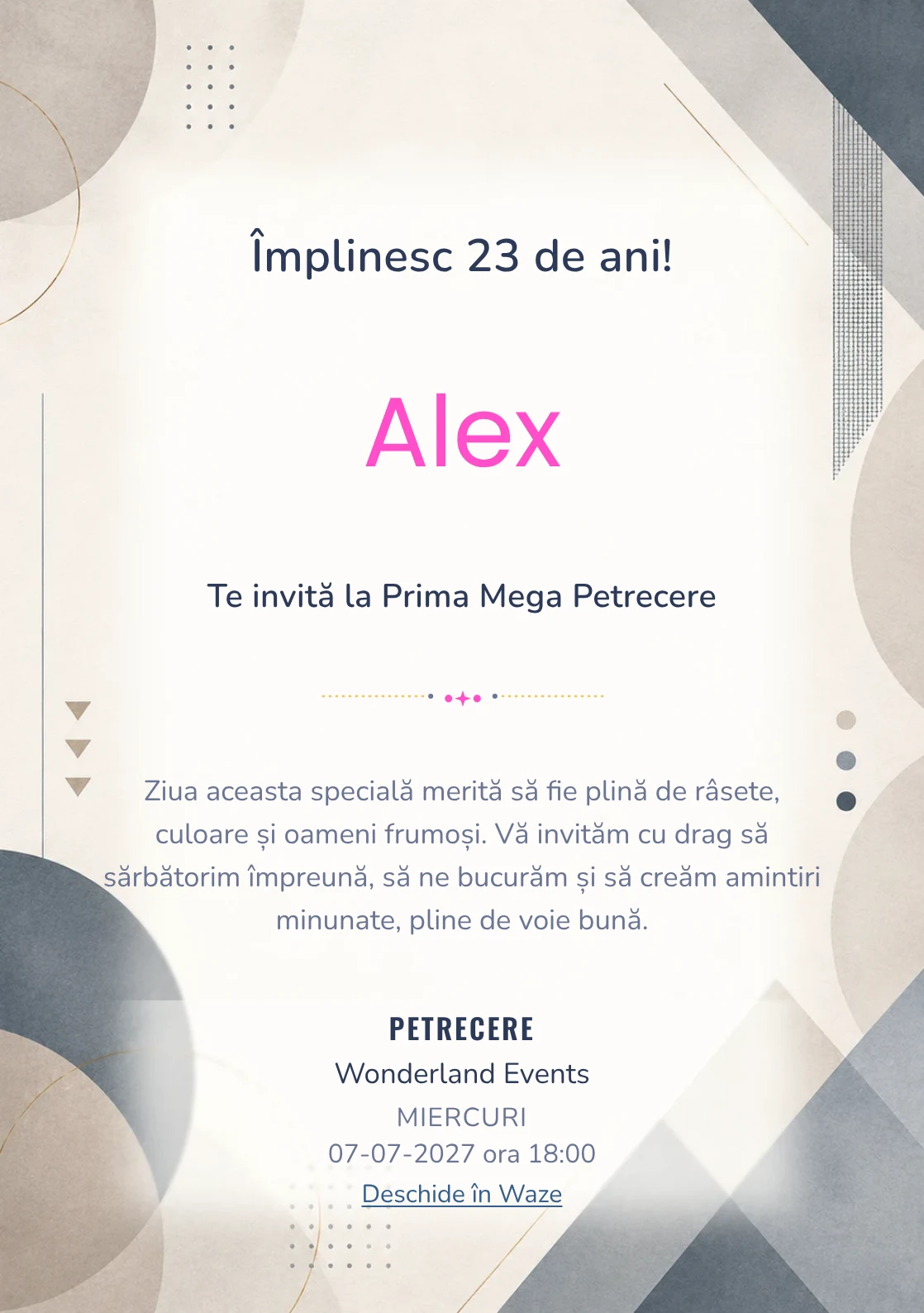 Invitație digitală aniversară Minimal Chic, fundal premium cu forme geometrice soft, textură de hârtie premium și tonuri neutre