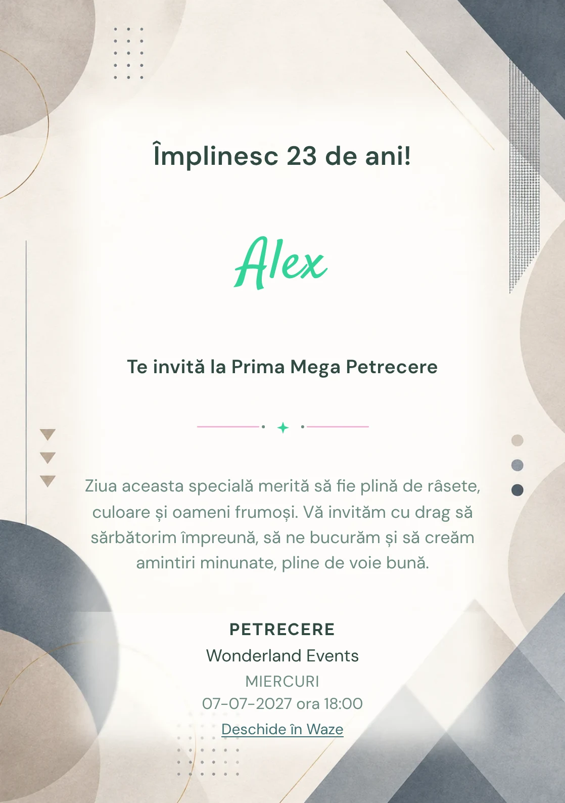 Invitație digitală aniversară Minimal Chic, fundal premium cu forme geometrice soft, textură de hârtie premium și tonuri neutre
