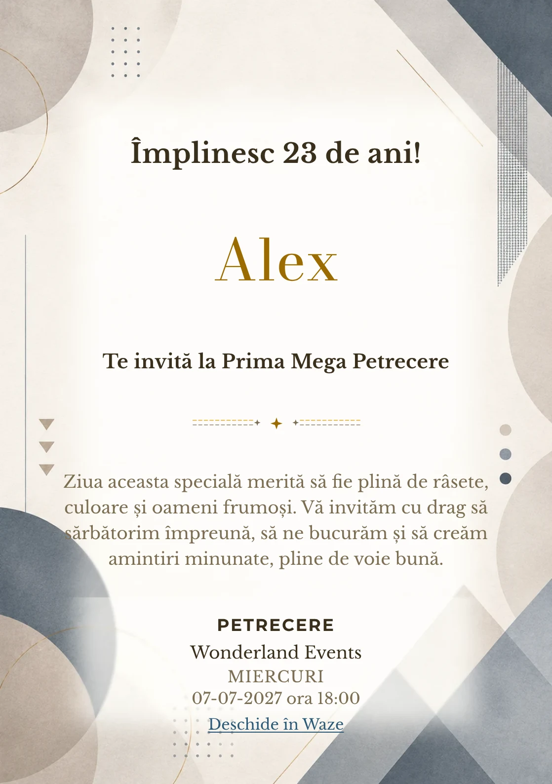 Invitație digitală aniversară Minimal Chic, fundal premium cu forme geometrice soft, textură de hârtie premium și tonuri neutre