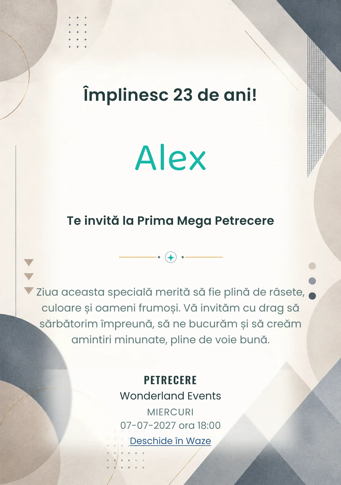Invitație digitală aniversară Minimal Chic, fundal premium cu forme geometrice soft, textură de hârtie premium și tonuri neutre