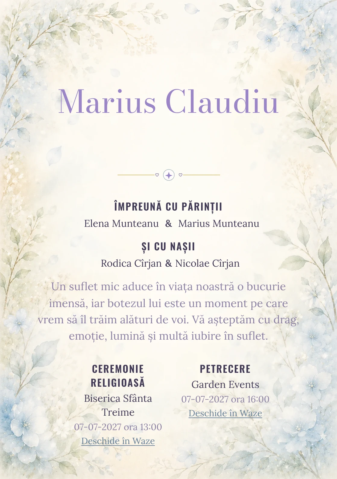 Invitație digitală de botez Mireasmă de Flori, fundal cu flori albastre foarte pal, ramuri verzi, parfum vizual vaporos și albastru hortensie și centru luminos pentru text