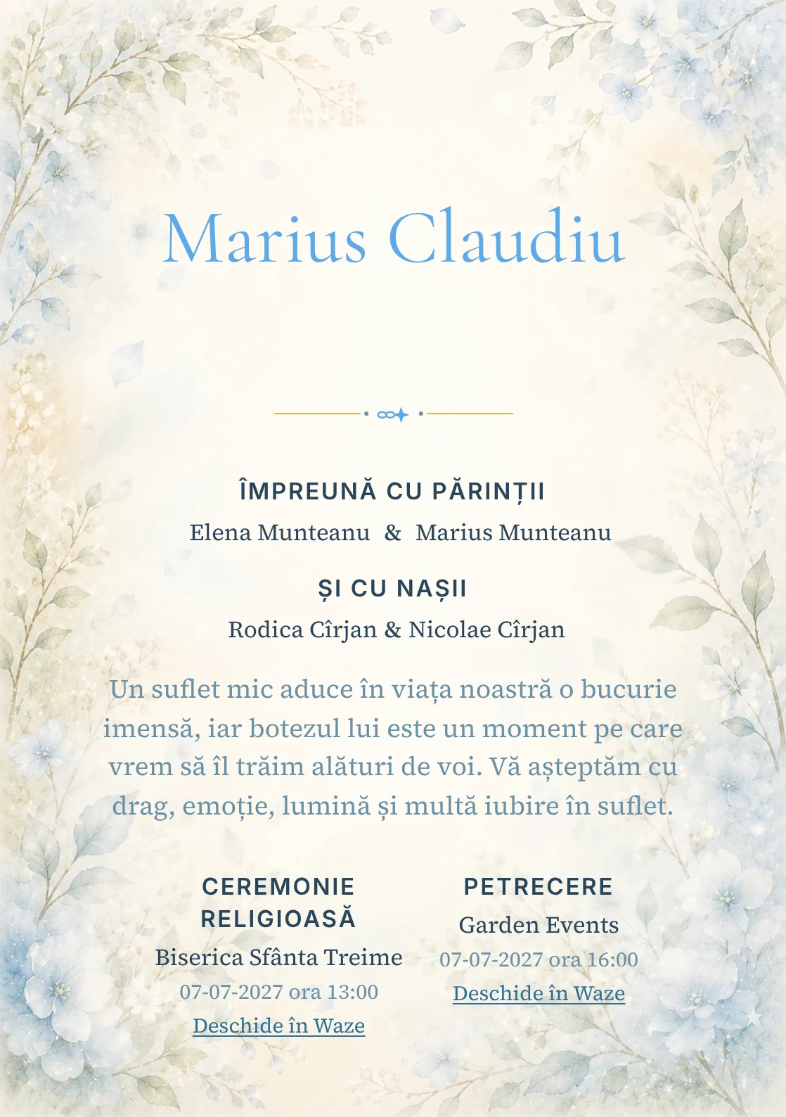Invitație digitală de botez Mireasmă de Flori, fundal cu flori albastre foarte pal, ramuri verzi, parfum vizual vaporos și albastru hortensie și centru luminos pentru text