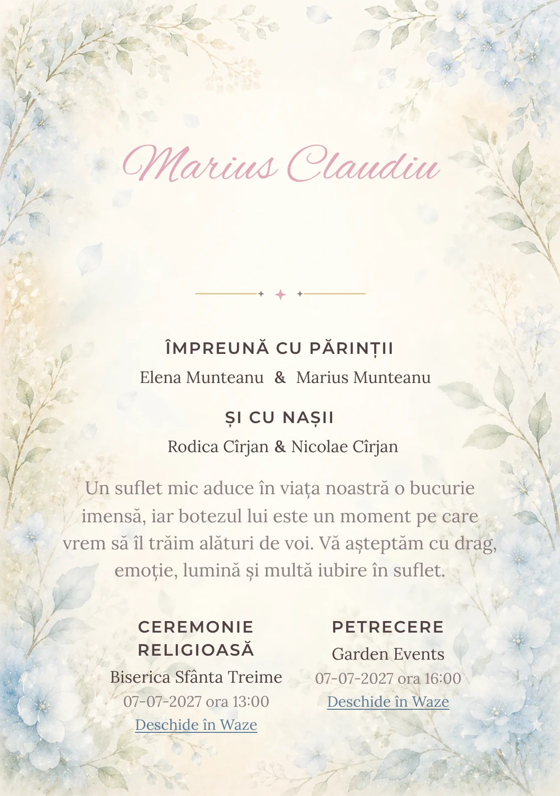 Invitație digitală de botez Mireasmă de Flori, fundal cu flori albastre foarte pal, ramuri verzi, parfum vizual vaporos și albastru hortensie și centru luminos pentru text