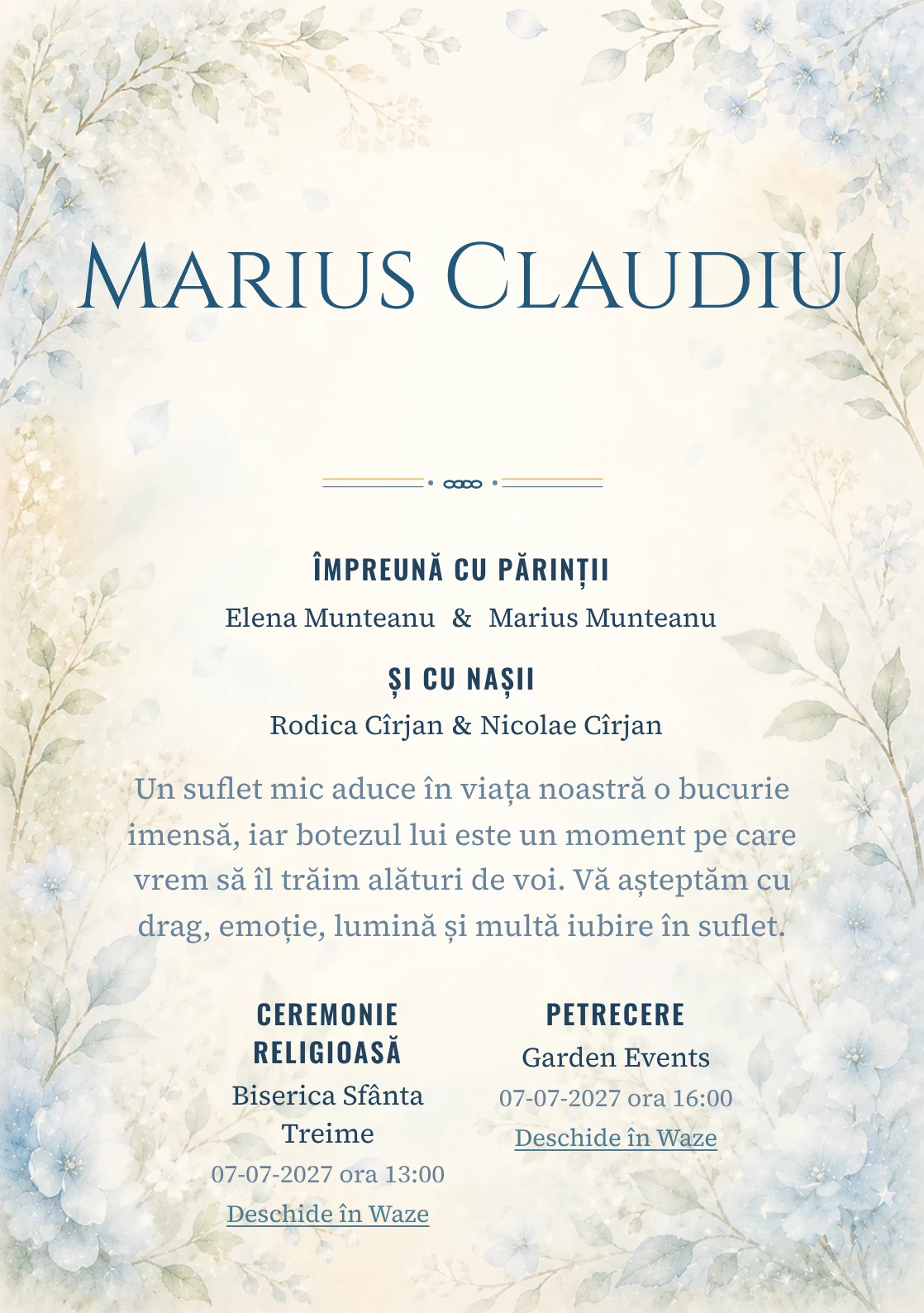 Invitație digitală de botez Mireasmă de Flori, fundal cu flori albastre foarte pal, ramuri verzi, parfum vizual vaporos și albastru hortensie și centru luminos pentru text