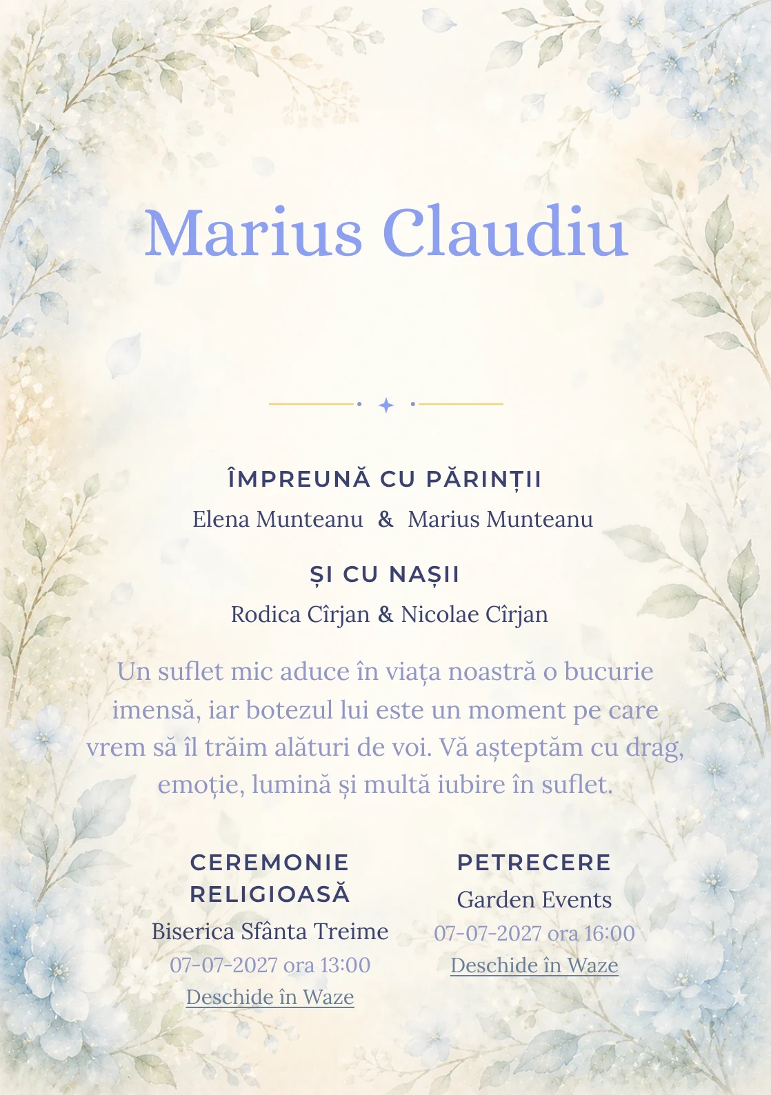 Invitație digitală de botez Mireasmă de Flori, fundal cu flori albastre foarte pal, ramuri verzi, parfum vizual vaporos și albastru hortensie și centru luminos pentru text