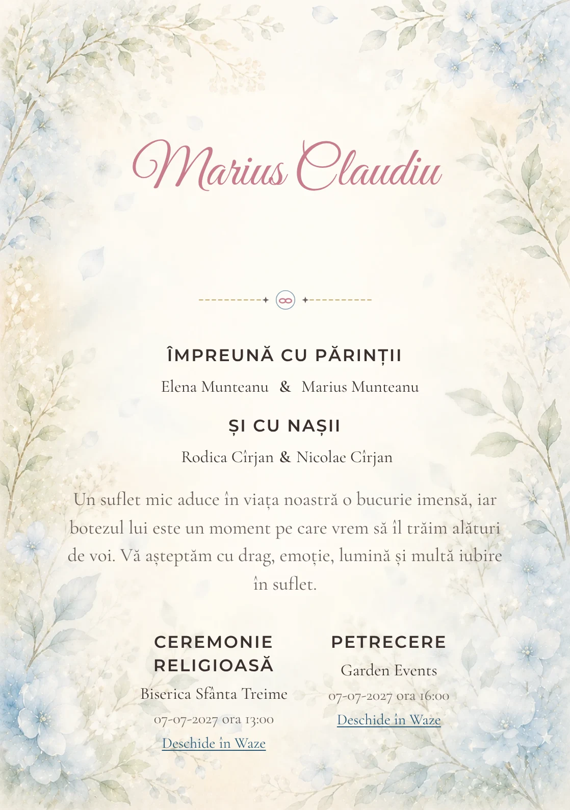 Invitație digitală de botez Mireasmă de Flori, fundal cu flori albastre foarte pal, ramuri verzi, parfum vizual vaporos și albastru hortensie și centru luminos pentru text