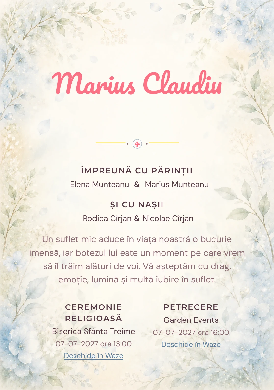 Invitație digitală de botez Mireasmă de Flori, fundal cu flori albastre foarte pal, ramuri verzi, parfum vizual vaporos și albastru hortensie și centru luminos pentru text