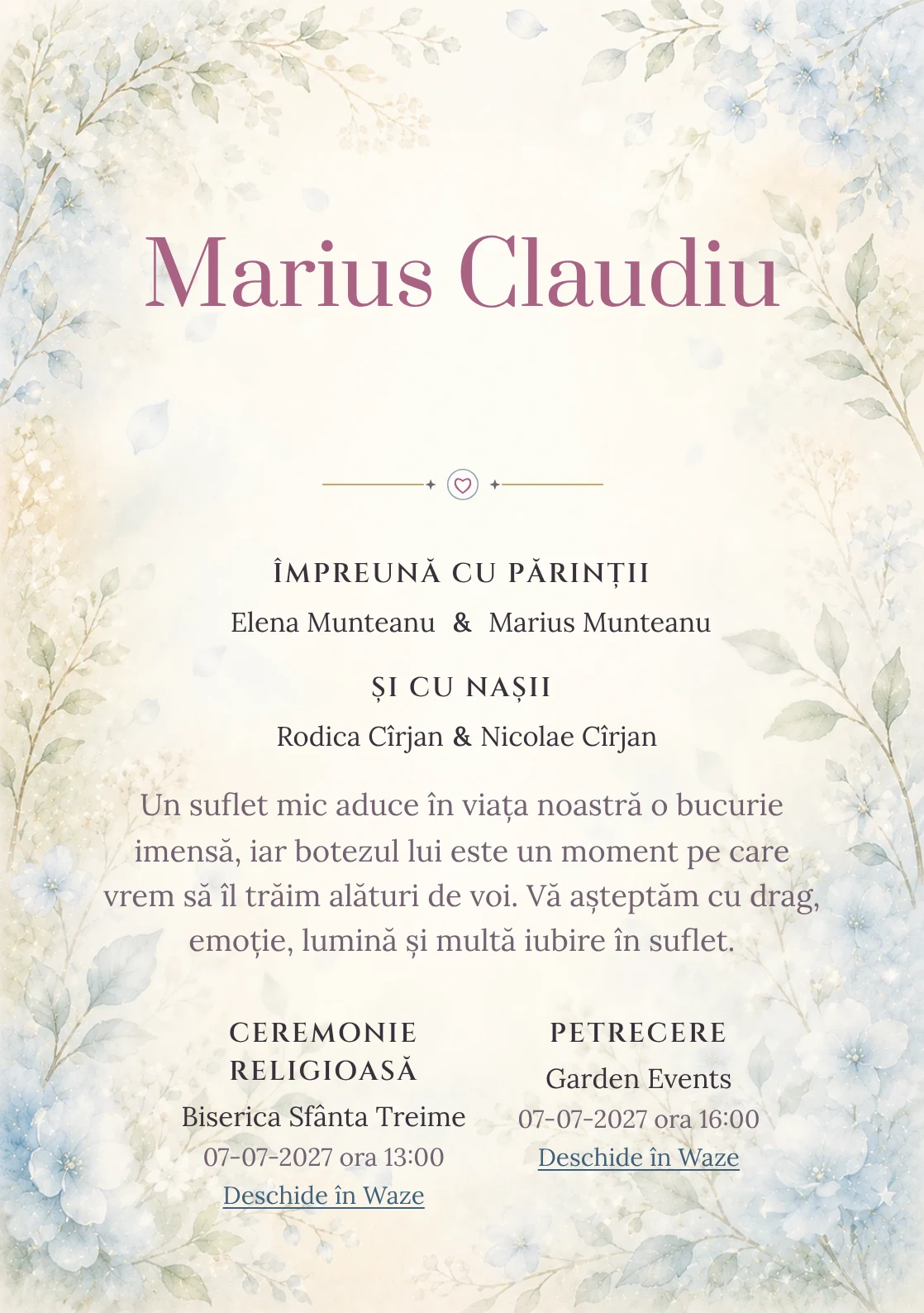 Invitație digitală de botez Mireasmă de Flori, fundal cu flori albastre foarte pal, ramuri verzi, parfum vizual vaporos și albastru hortensie și centru luminos pentru text