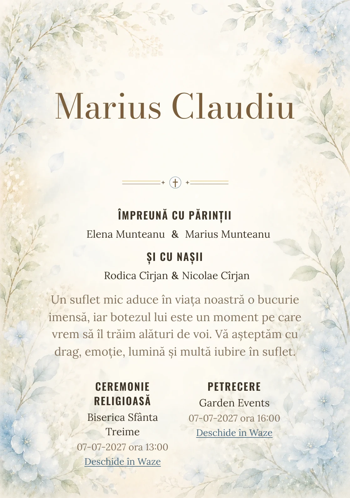 Invitație digitală de botez Mireasmă de Flori, fundal cu flori albastre foarte pal, ramuri verzi, parfum vizual vaporos și albastru hortensie și centru luminos pentru text