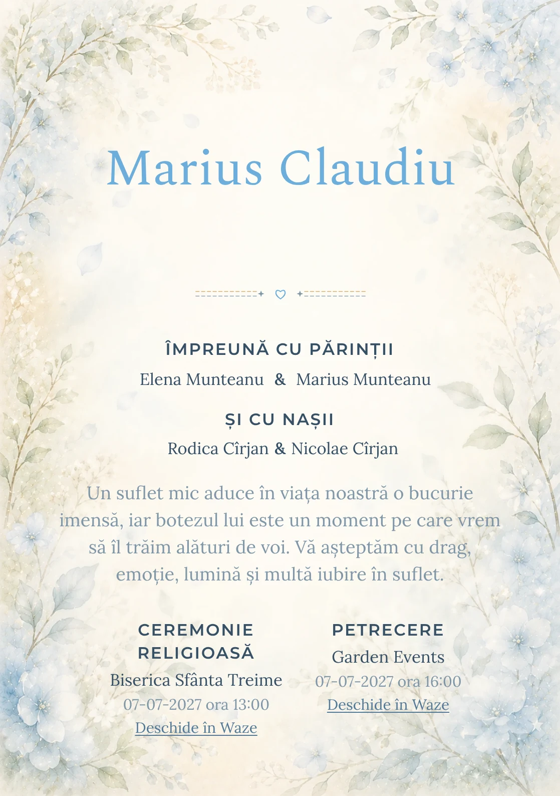 Invitație digitală de botez Mireasmă de Flori, fundal cu flori albastre foarte pal, ramuri verzi, parfum vizual vaporos și albastru hortensie și centru luminos pentru text