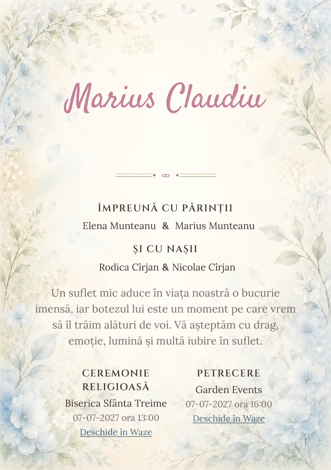 Invitație digitală de botez Mireasmă de Flori, fundal cu flori albastre foarte pal, ramuri verzi, parfum vizual vaporos și albastru hortensie și centru luminos pentru text