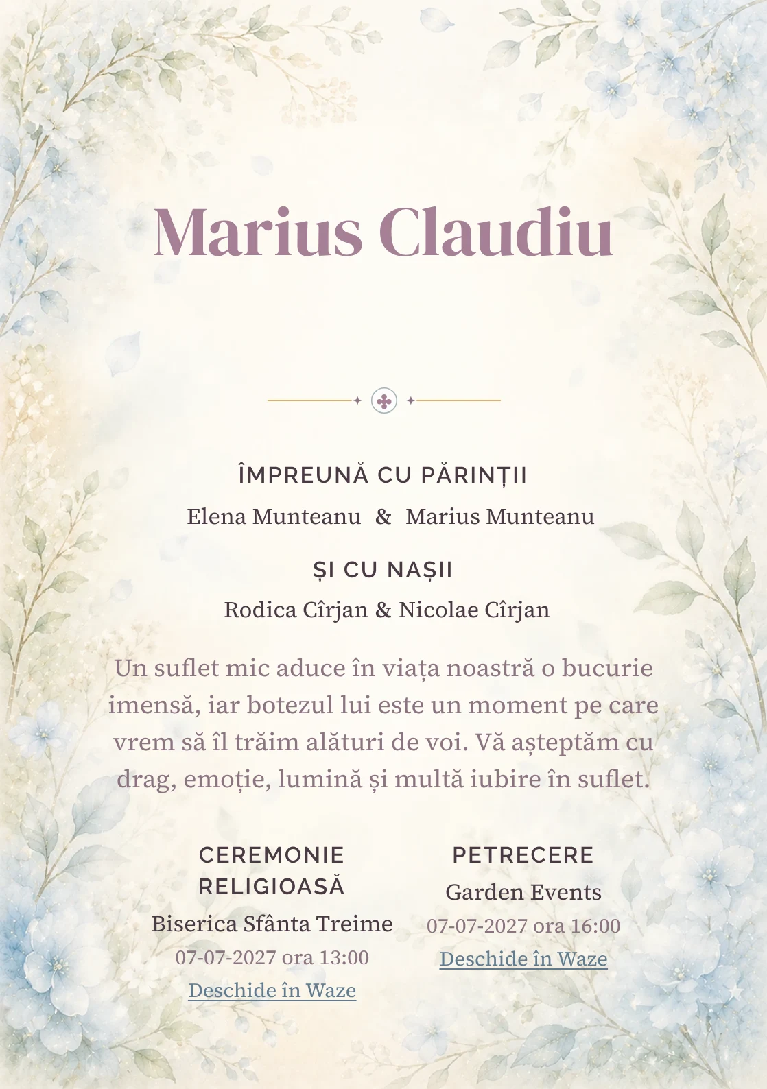 Invitație digitală de botez Mireasmă de Flori, fundal cu flori albastre foarte pal, ramuri verzi, parfum vizual vaporos și albastru hortensie și centru luminos pentru text