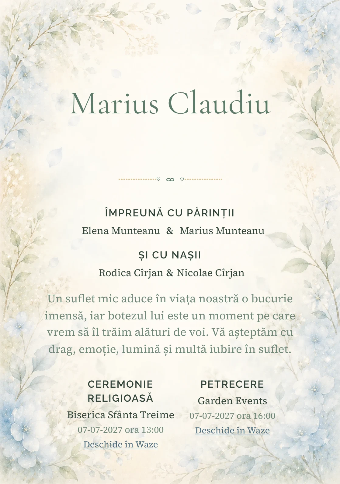 Invitație digitală de botez Mireasmă de Flori, fundal cu flori albastre foarte pal, ramuri verzi, parfum vizual vaporos și albastru hortensie și centru luminos pentru text