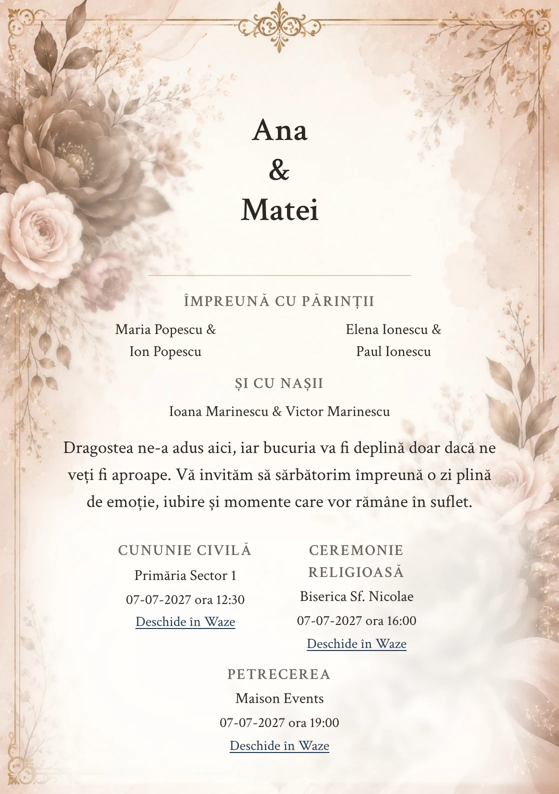 Invitație digitală de nuntă Mocha Romance, fundal mocha romance, potrivit pentru pachetele Basic și Premium