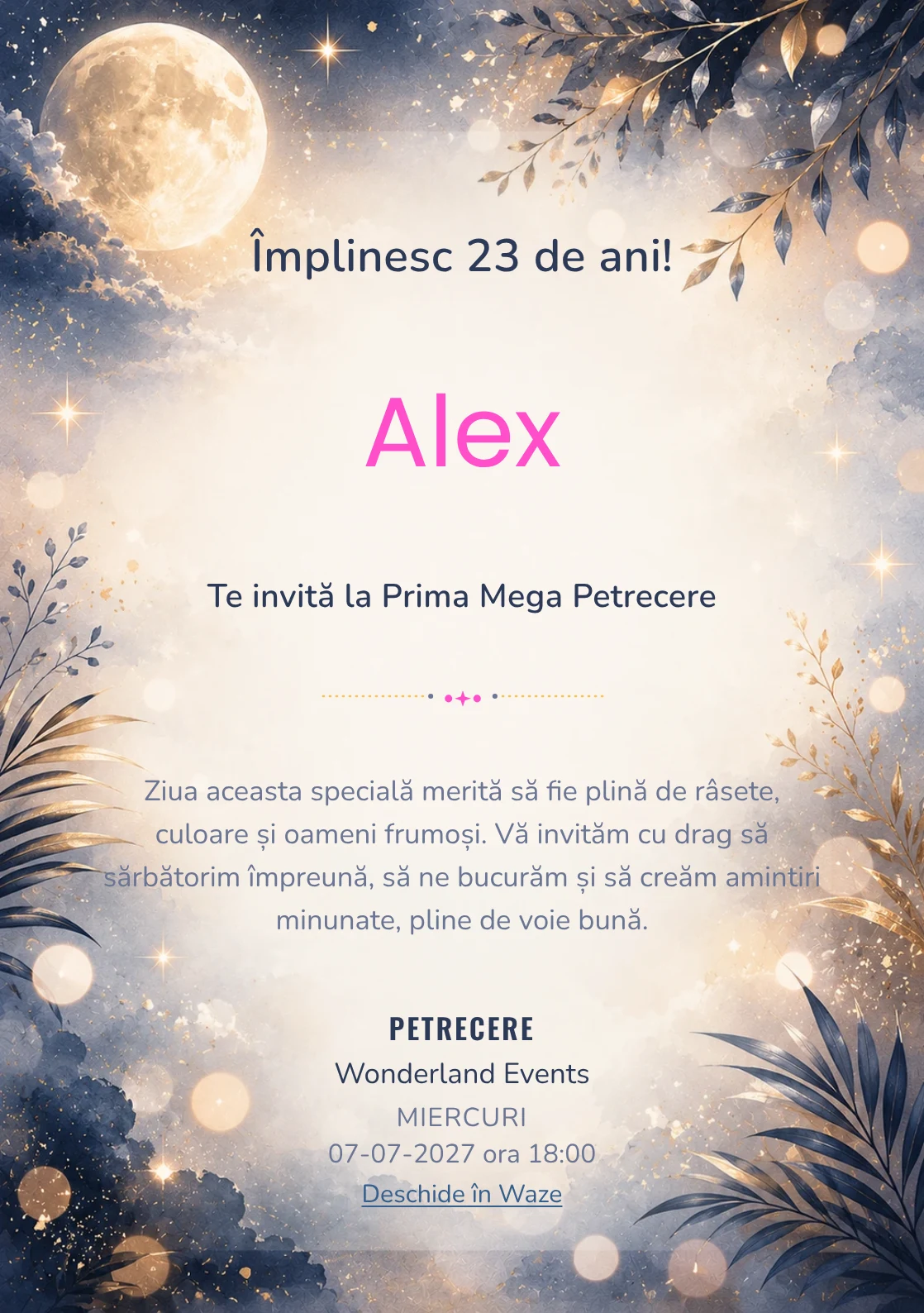 Invitație digitală aniversară Moonlight Party, fundal premium cu lună discretă, bokeh nocturn și accente argintii