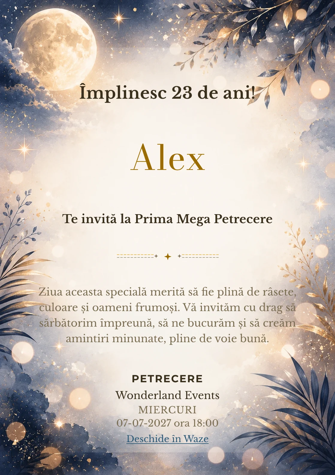 Invitație digitală aniversară Moonlight Party, fundal premium cu lună discretă, bokeh nocturn și accente argintii