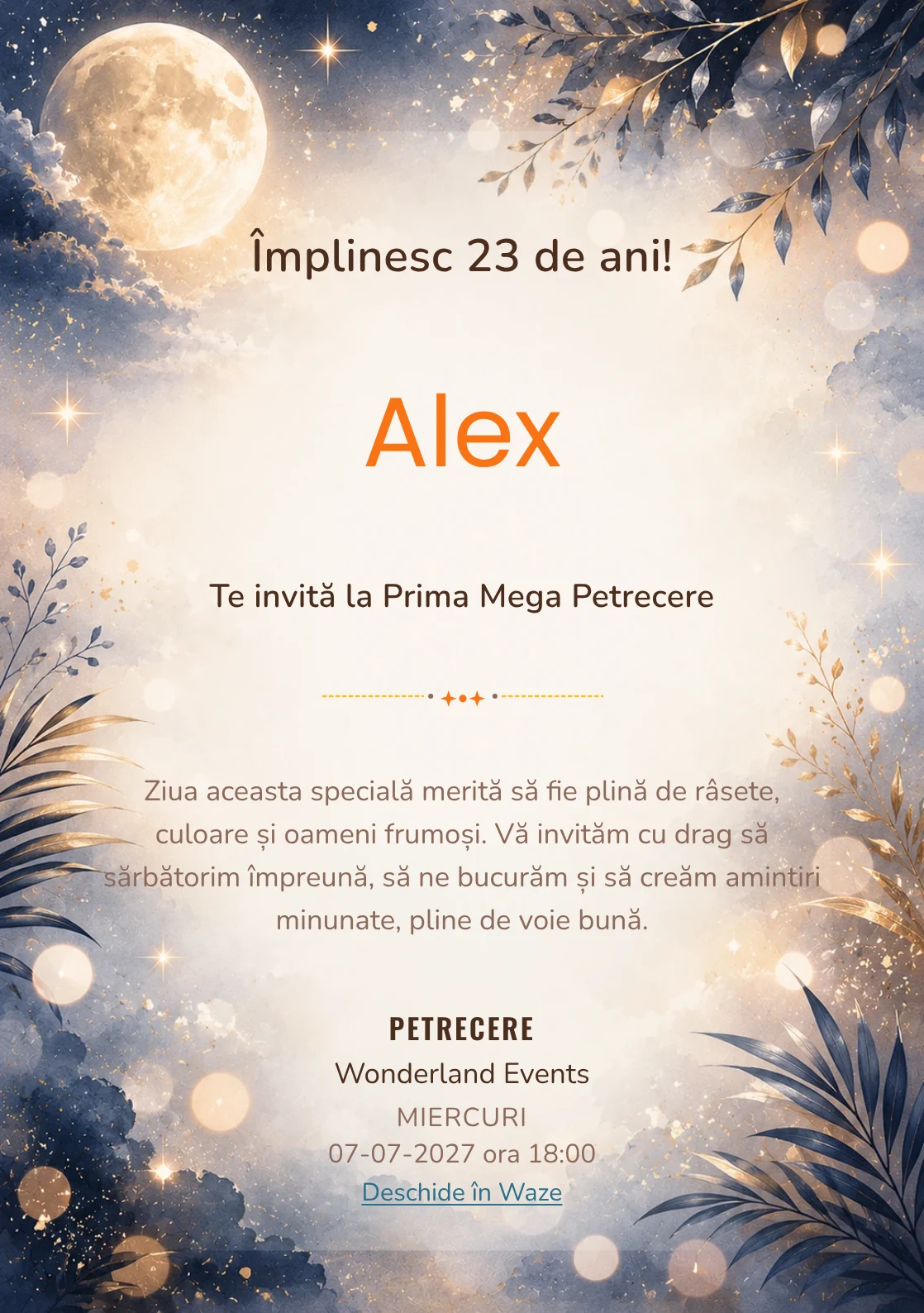 Invitație digitală aniversară Moonlight Party, fundal premium cu lună discretă, bokeh nocturn și accente argintii