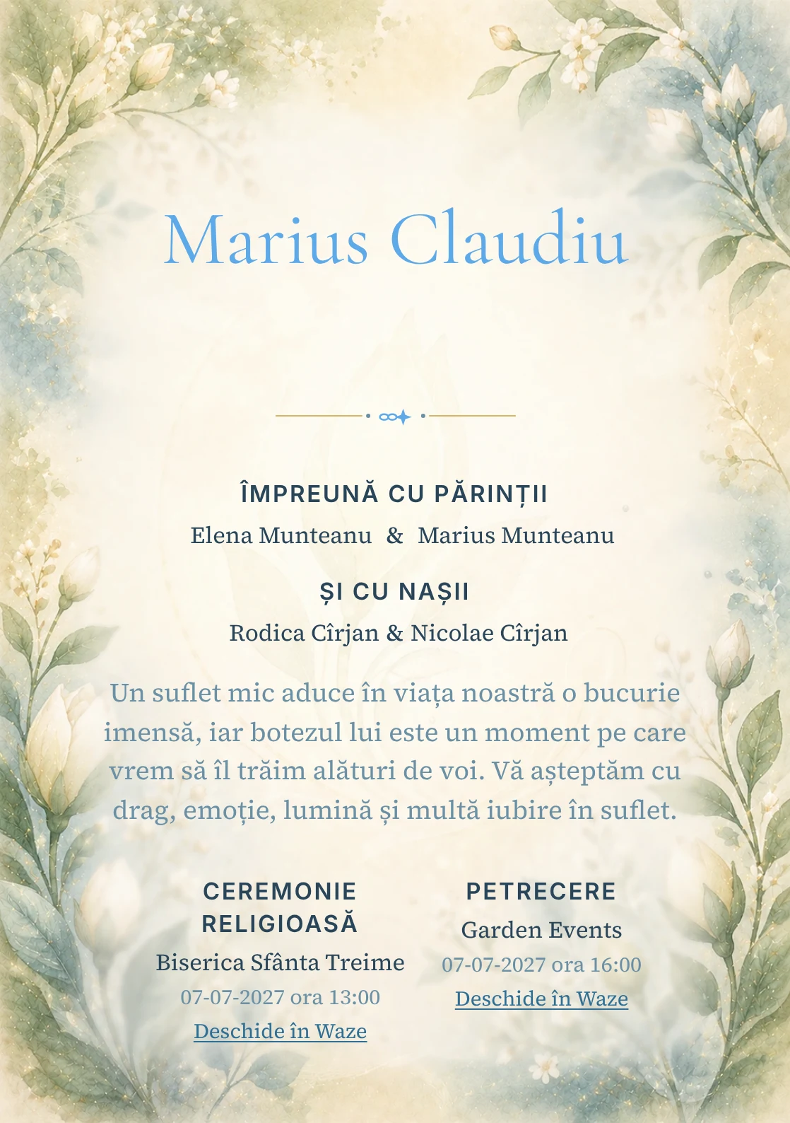 Invitație digitală de botez Mugur de Iubire, fundal cu mugur floral central, verde smarald pal, albastru prăfuit și caramel deschis și centru luminos pentru text