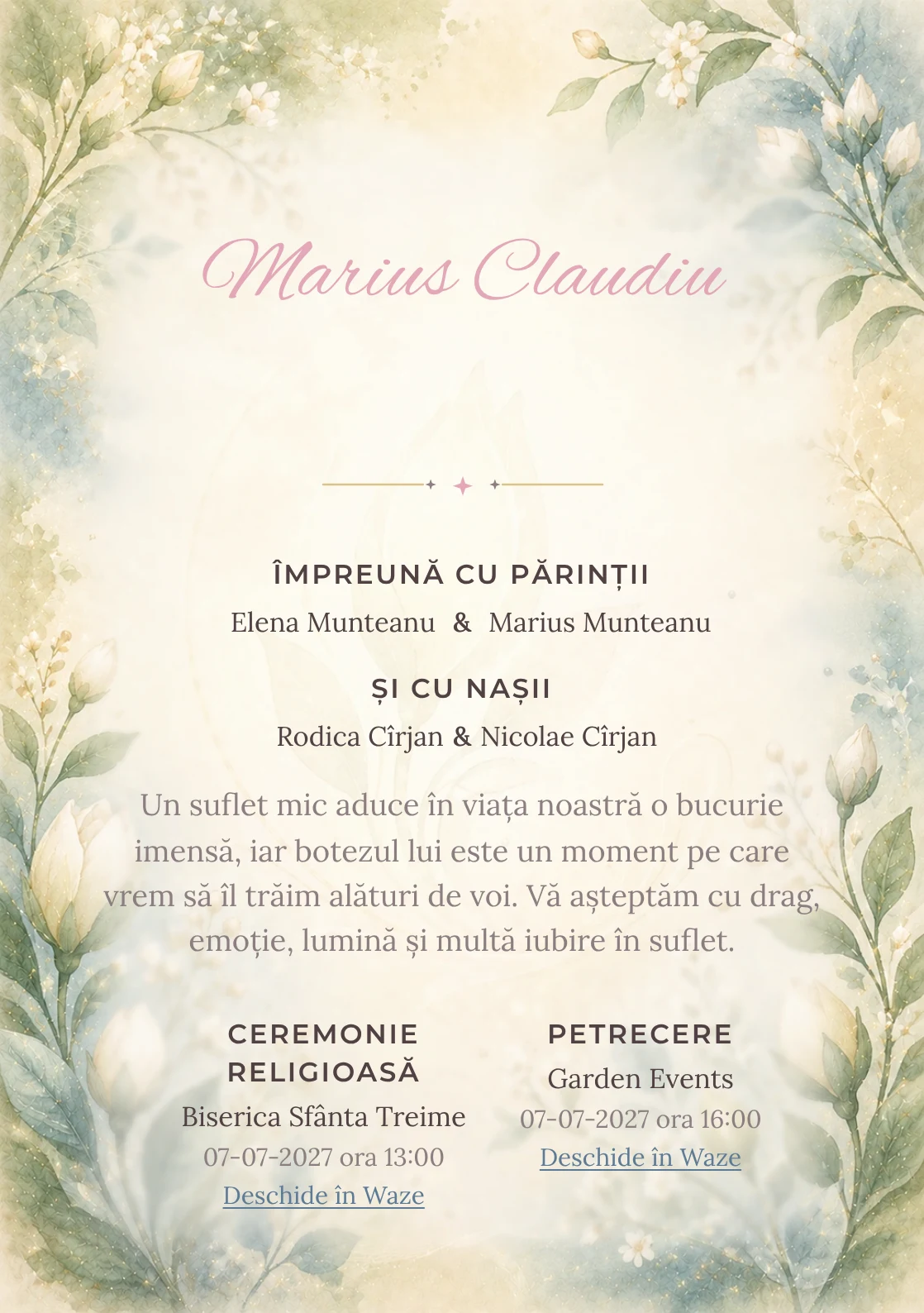 Invitație digitală de botez Mugur de Iubire, fundal cu mugur floral central, verde smarald pal, albastru prăfuit și caramel deschis și centru luminos pentru text