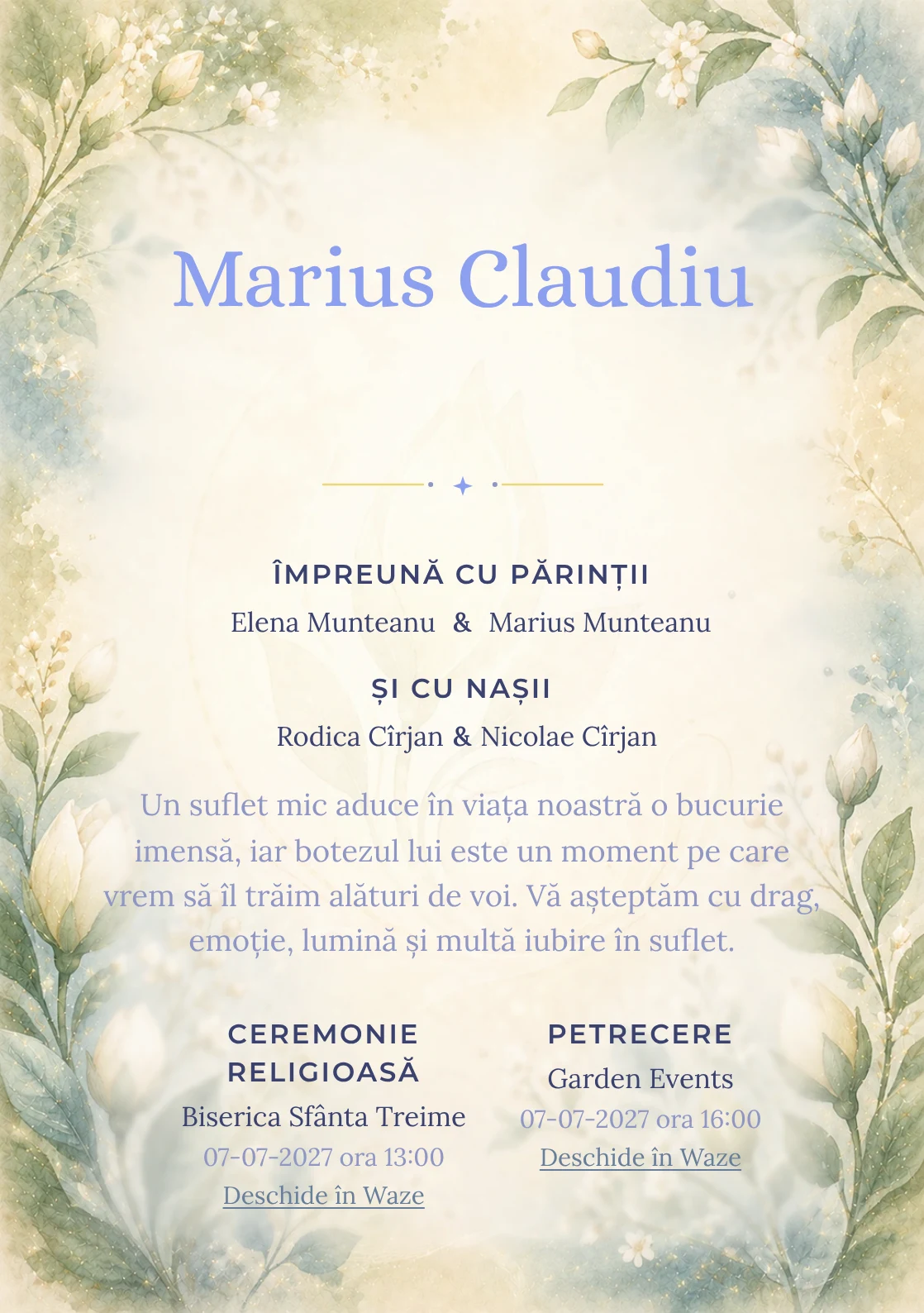 Invitație digitală de botez Mugur de Iubire, fundal cu mugur floral central, verde smarald pal, albastru prăfuit și caramel deschis și centru luminos pentru text