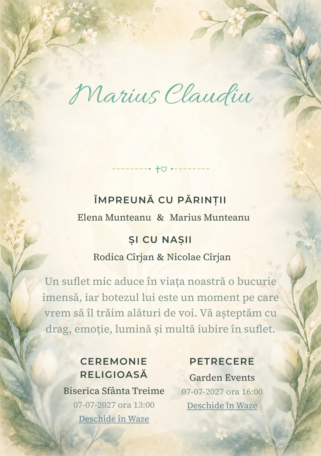 Invitație digitală de botez Mugur de Iubire, fundal cu mugur floral central, verde smarald pal, albastru prăfuit și caramel deschis și centru luminos pentru text