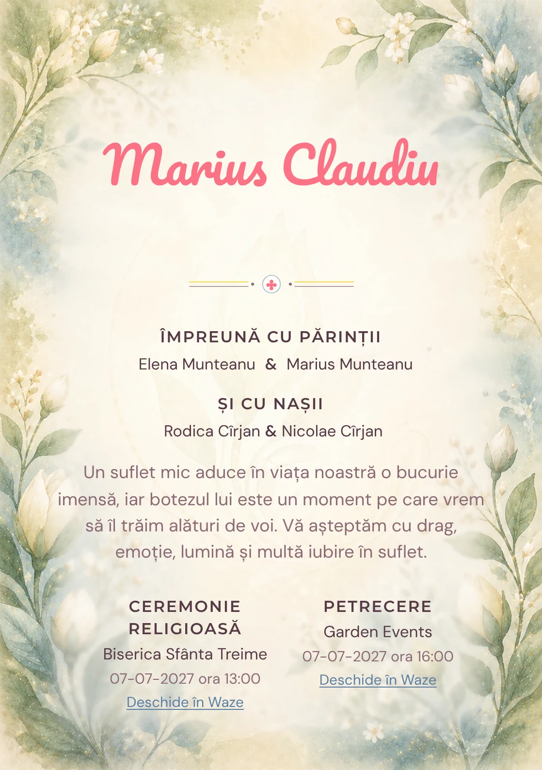 Invitație digitală de botez Mugur de Iubire, fundal cu mugur floral central, verde smarald pal, albastru prăfuit și caramel deschis și centru luminos pentru text