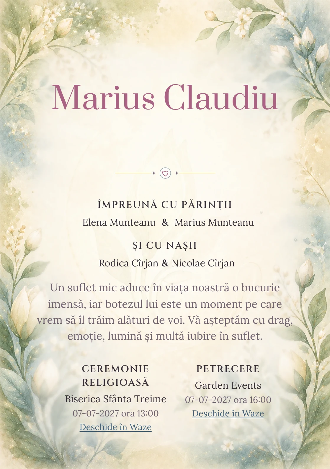 Invitație digitală de botez Mugur de Iubire, fundal cu mugur floral central, verde smarald pal, albastru prăfuit și caramel deschis și centru luminos pentru text