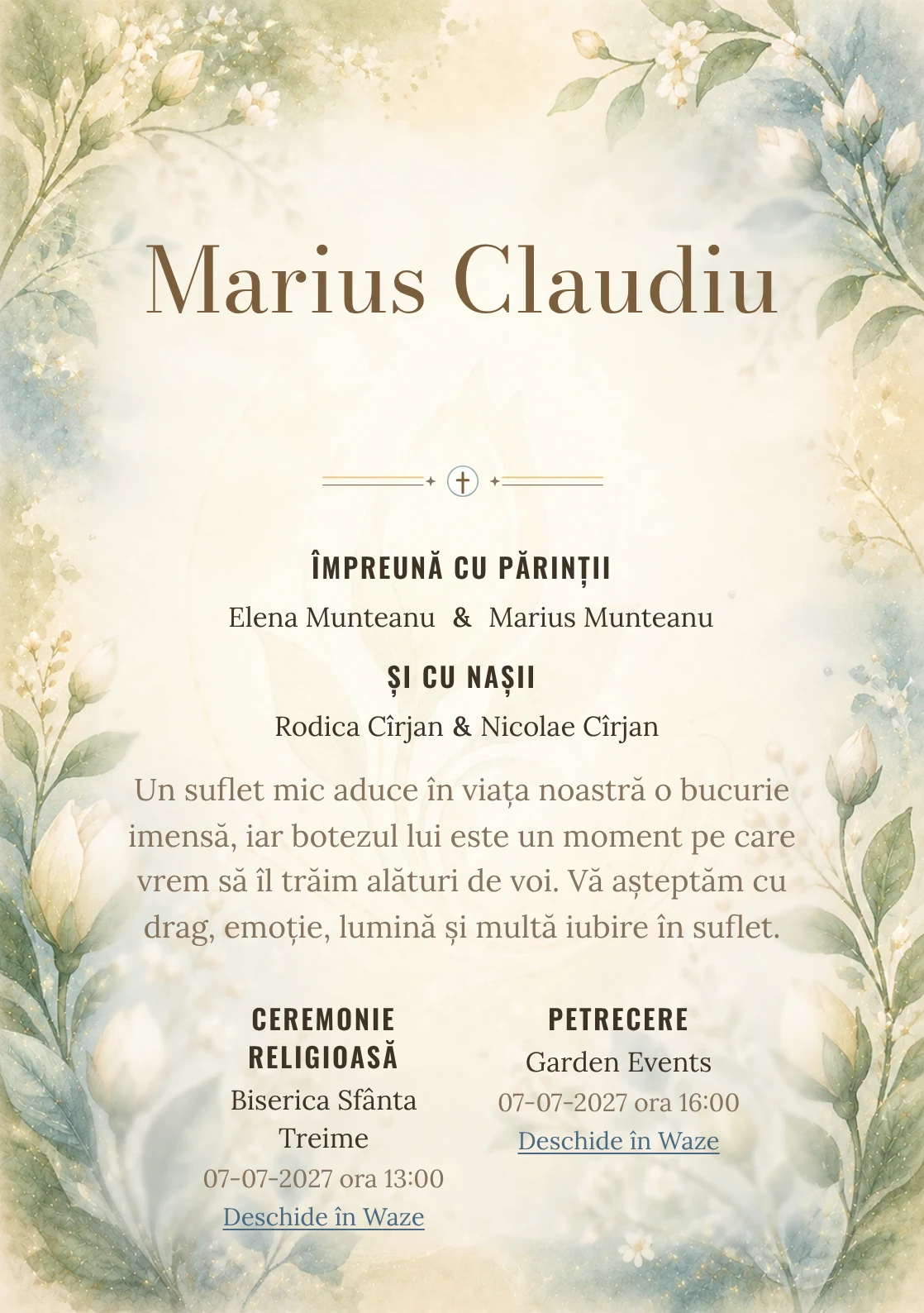 Invitație digitală de botez Mugur de Iubire, fundal cu mugur floral central, verde smarald pal, albastru prăfuit și caramel deschis și centru luminos pentru text