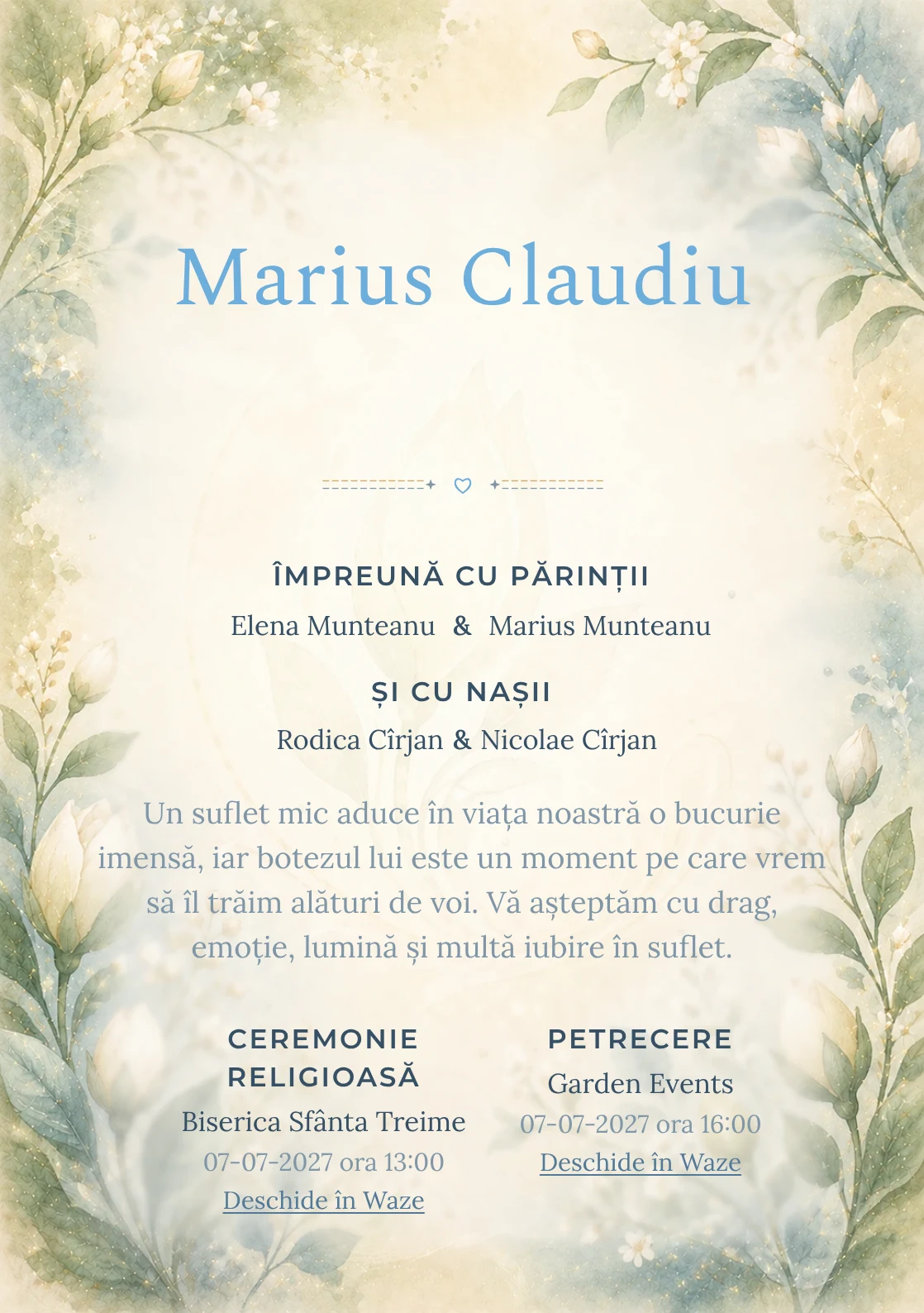 Invitație digitală de botez Mugur de Iubire, fundal cu mugur floral central, verde smarald pal, albastru prăfuit și caramel deschis și centru luminos pentru text