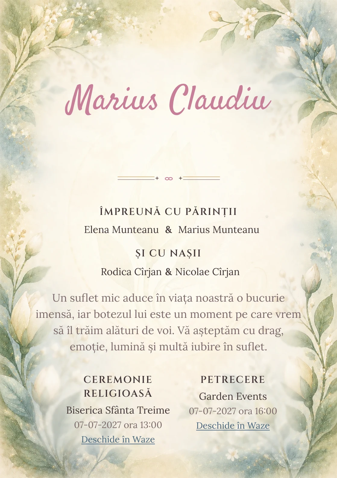 Invitație digitală de botez Mugur de Iubire, fundal cu mugur floral central, verde smarald pal, albastru prăfuit și caramel deschis și centru luminos pentru text