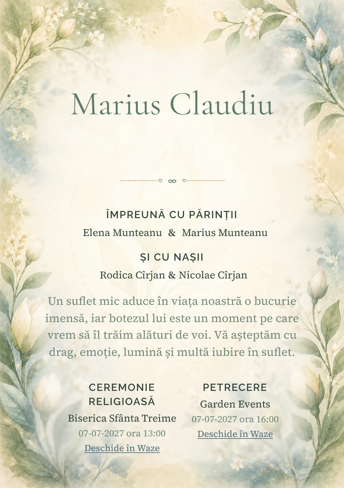 Invitație digitală de botez Mugur de Iubire, fundal cu mugur floral central, verde smarald pal, albastru prăfuit și caramel deschis și centru luminos pentru text