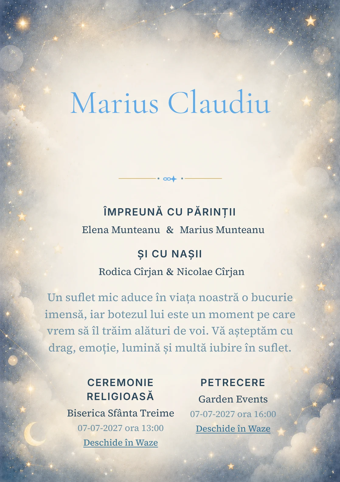 Invitație digitală de botez Murmur de Stele, fundal cu stele mici, bokeh discret, albastru noapte estompat, gri perlat și aur mat și centru luminos pentru text