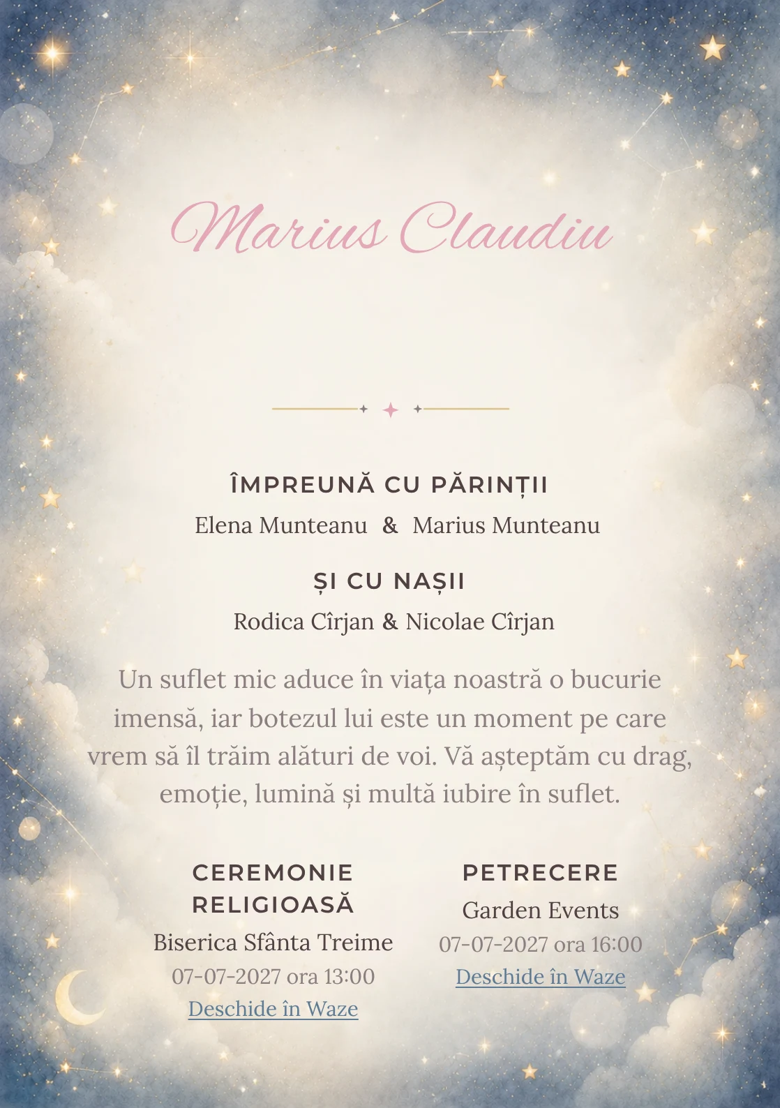 Invitație digitală de botez Murmur de Stele, fundal cu stele mici, bokeh discret, albastru noapte estompat, gri perlat și aur mat și centru luminos pentru text