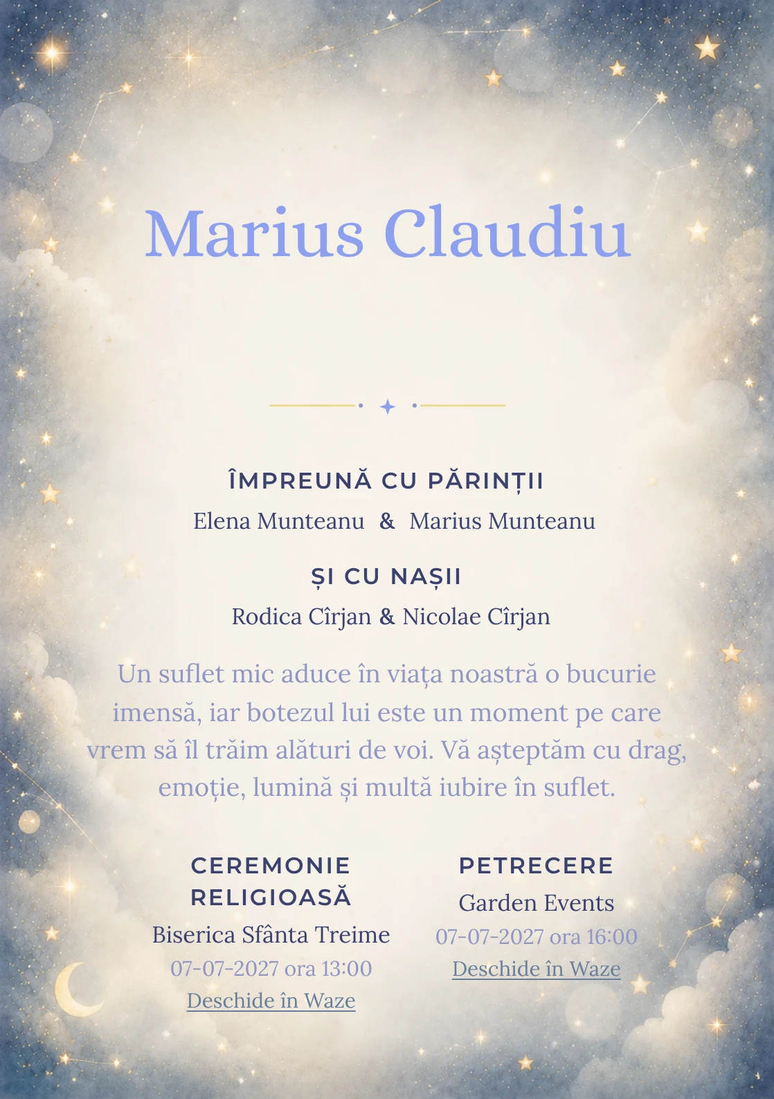 Invitație digitală de botez Murmur de Stele, fundal cu stele mici, bokeh discret, albastru noapte estompat, gri perlat și aur mat și centru luminos pentru text
