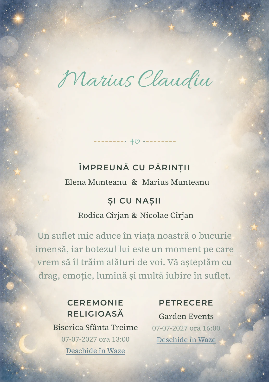 Invitație digitală de botez Murmur de Stele, fundal cu stele mici, bokeh discret, albastru noapte estompat, gri perlat și aur mat și centru luminos pentru text