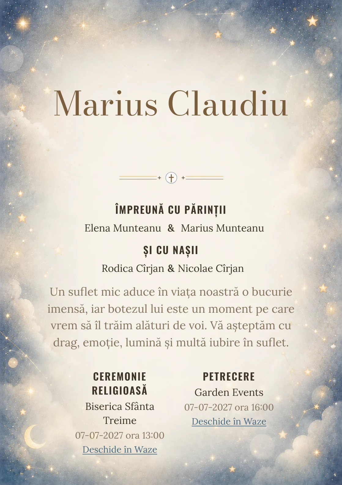 Invitație digitală de botez Murmur de Stele, fundal cu stele mici, bokeh discret, albastru noapte estompat, gri perlat și aur mat și centru luminos pentru text