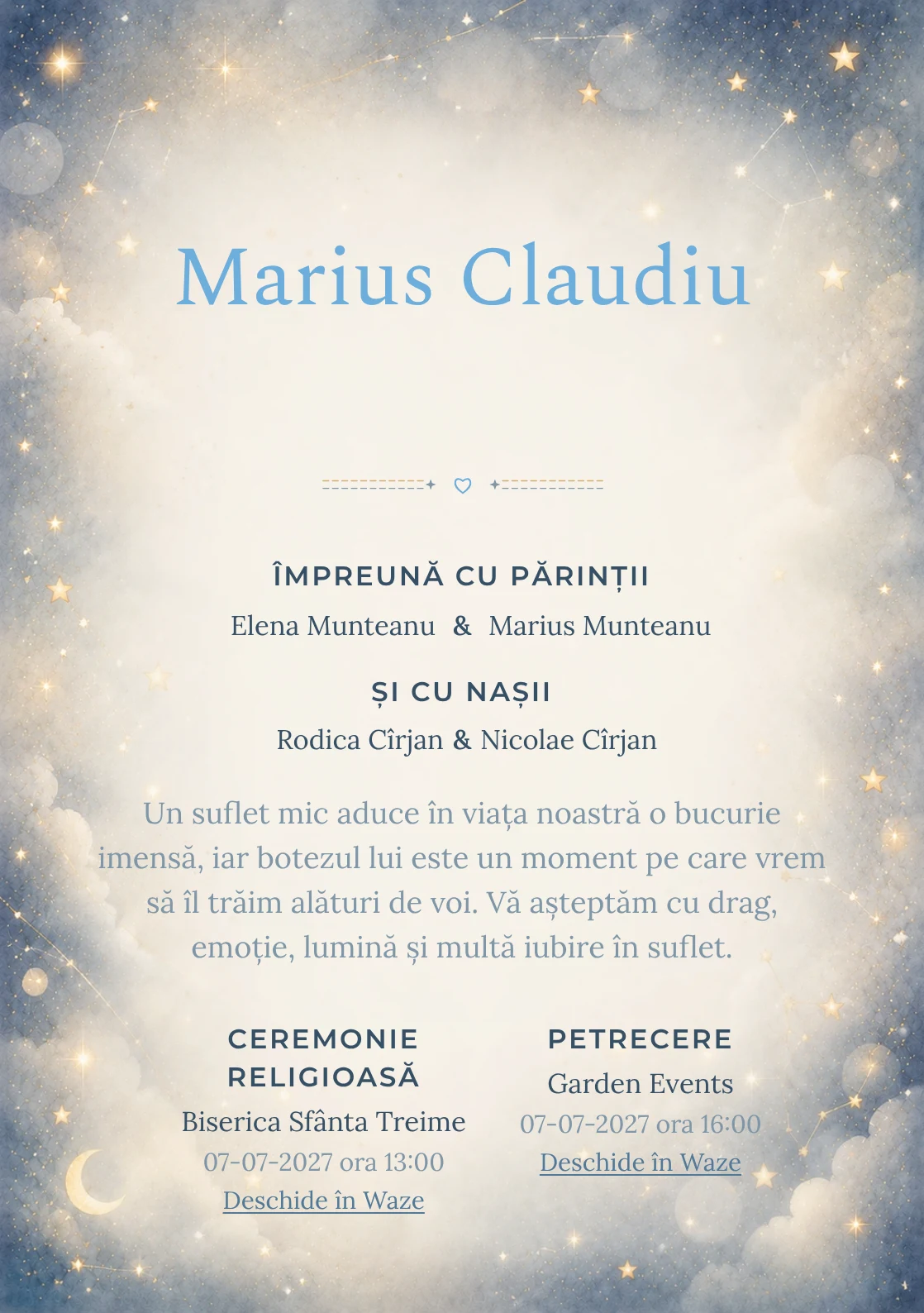 Invitație digitală de botez Murmur de Stele, fundal cu stele mici, bokeh discret, albastru noapte estompat, gri perlat și aur mat și centru luminos pentru text