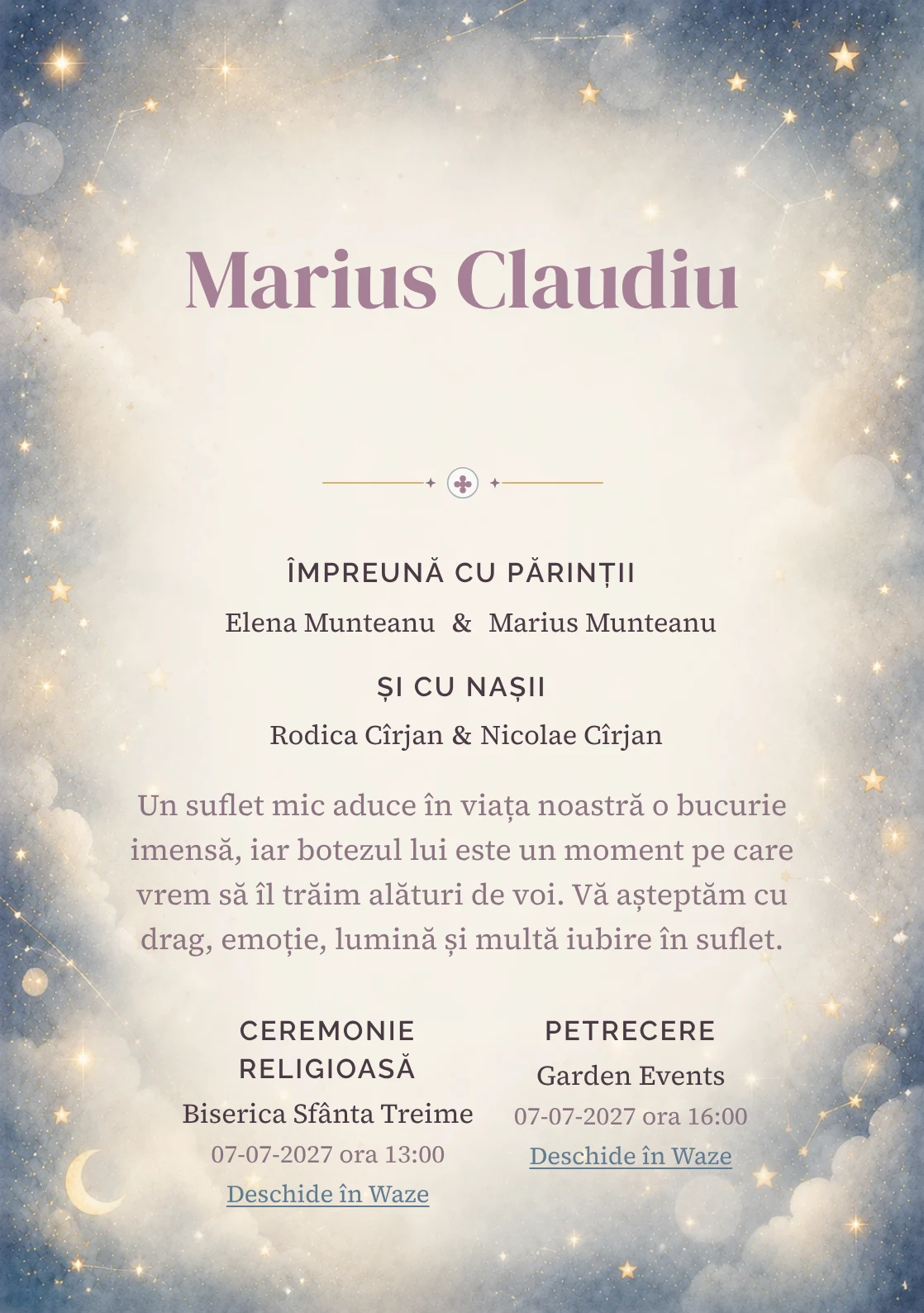 Invitație digitală de botez Murmur de Stele, fundal cu stele mici, bokeh discret, albastru noapte estompat, gri perlat și aur mat și centru luminos pentru text