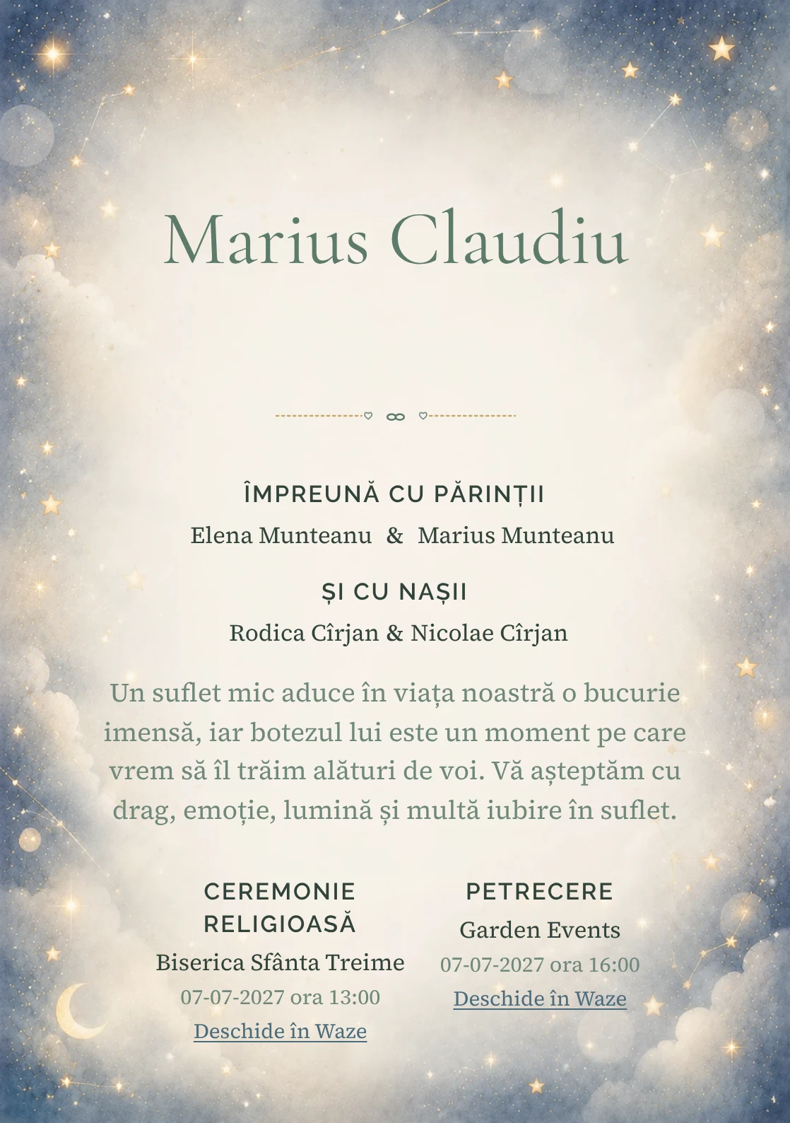 Invitație digitală de botez Murmur de Stele, fundal cu stele mici, bokeh discret, albastru noapte estompat, gri perlat și aur mat și centru luminos pentru text