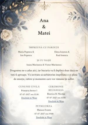 Invitație digitală de nuntă Navy Elegance, fundal navy elegantă, potrivit pentru pachetele Basic și Premium